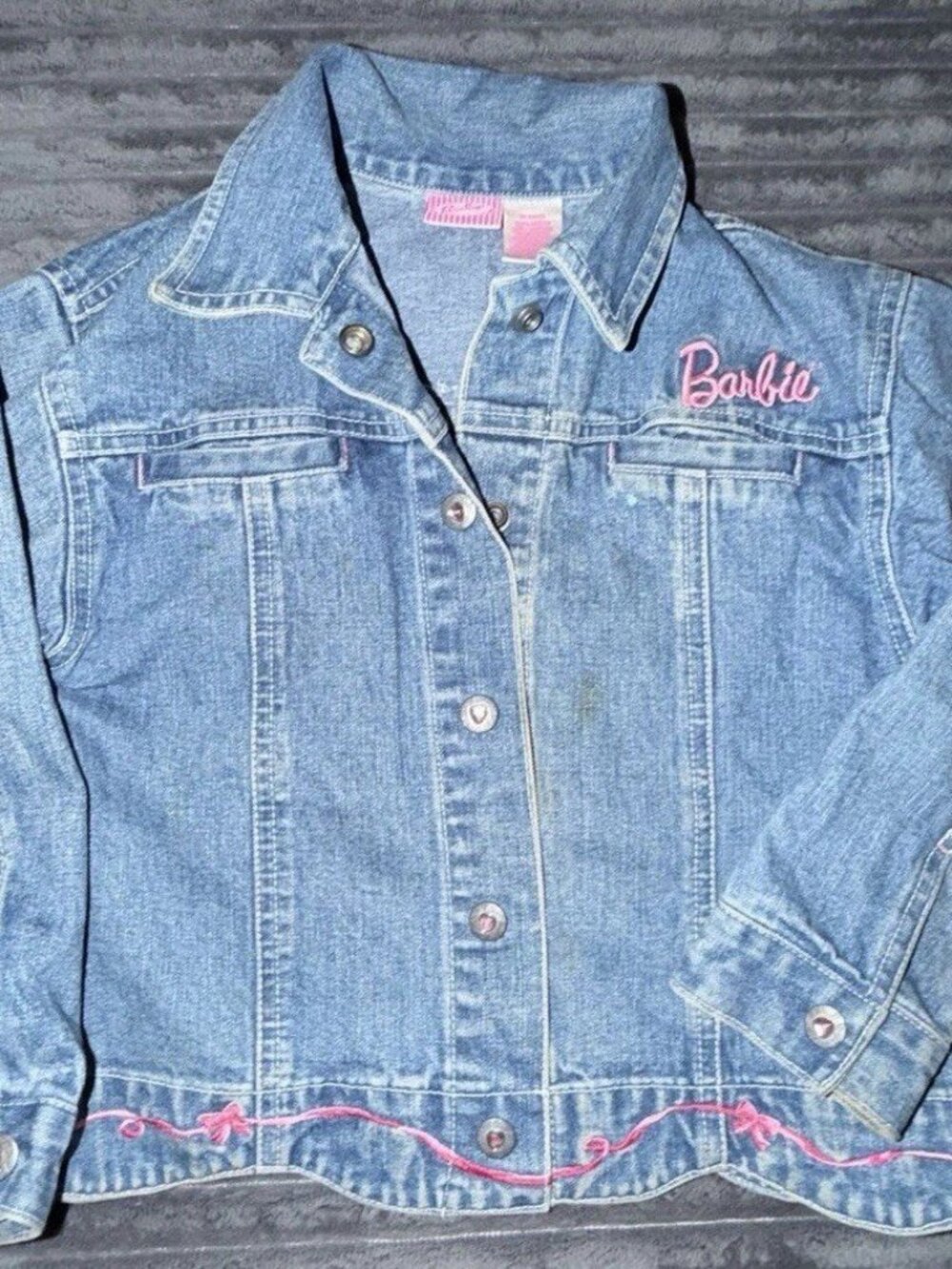 VINTAGE RARE BARBIE 90s Kids Girls Sz 6 denim embroidered Bling Jacket